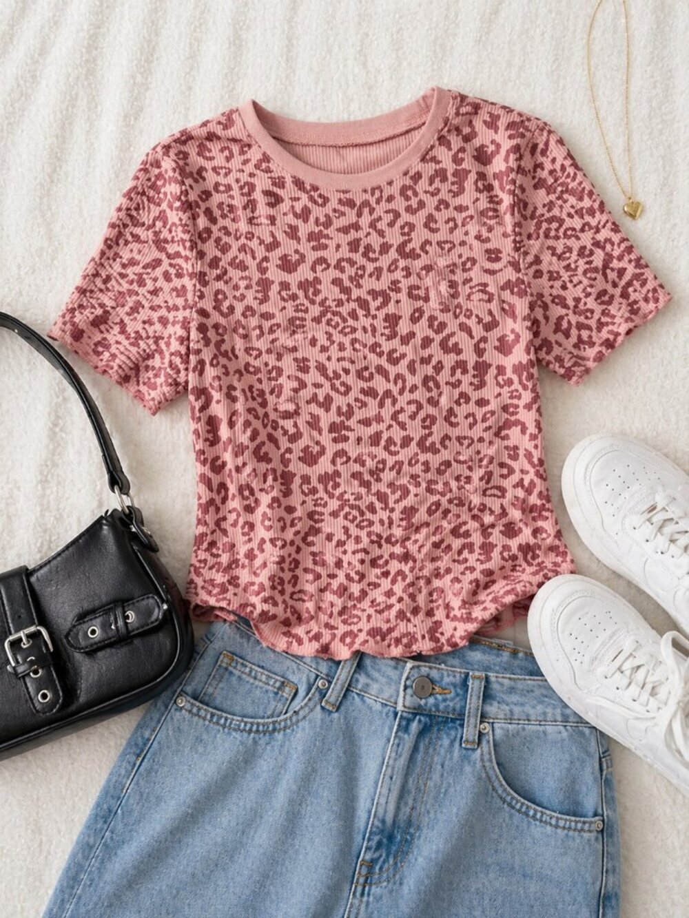 Leopard Print Ribbed Top Pink Short Sleeve Fitted Tee Size M Y2K Aesthetic